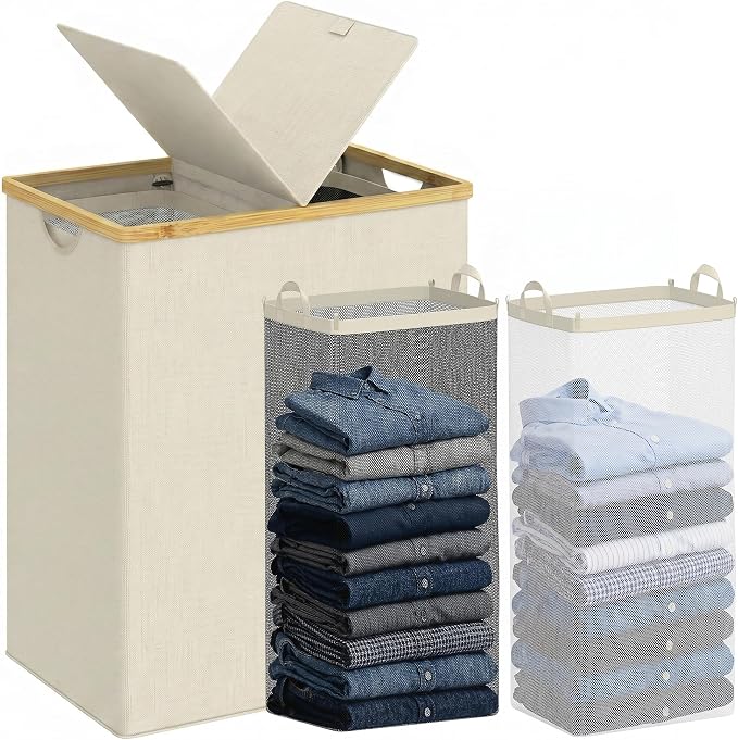 efluky Laundry Hamper with Lid, Double Laundry Basket with 2 Removable Bags, 2 Section Laundry Bin with Bamboo Handles for Bathroom, Bedroom & Laundry Room, 170L (44.9 Gallon) Beige by efluky