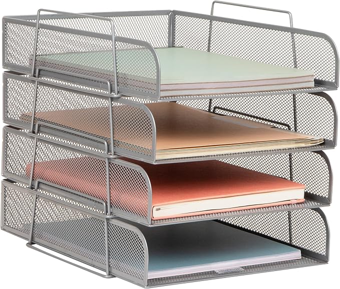 Mind Reader Stackable Paper Tray, Desktop Organizer, File Storage, Office, Metal Mesh, 10.5" L x 13.5" W x 11.25" H, 4 Pcs., Silver by MindReader