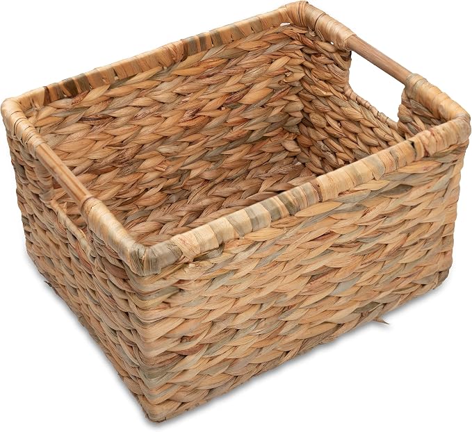 VATIMA Large Rectangular Wicker Basket with Wooden Handles for Shelves and Storage - Natural Water Hyacinth Basket for Organizing, 14.5 x 10.3 x 7.5 inches by VATIMA