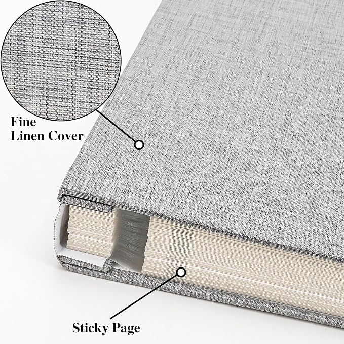 Vienrose Self Adhesive Photo Album Arch Window Scrapbook 120 Pages Gray | Linen Cover, 12.6x12.99 Inch, Memory Book, Blank Inner Page, Three Metallic Pens - Image 2