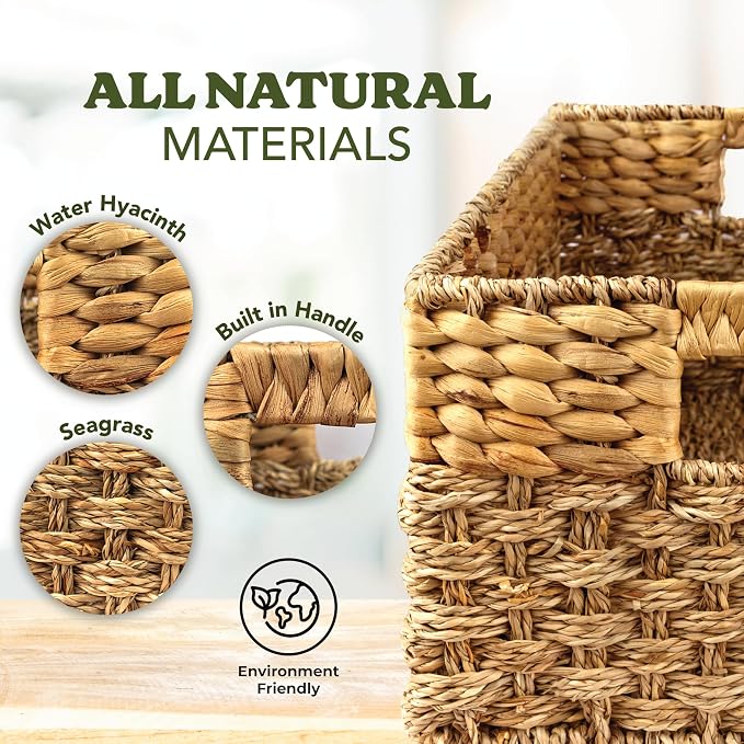 Wicker Storage Basket for Shelves, Set of 4 | Natural Seagrass and Hyacinth, Nesting, Woven Storage Baskets for Organizing Living Room, Shelves, Pantry, Rectangle, Rattan - Image 8