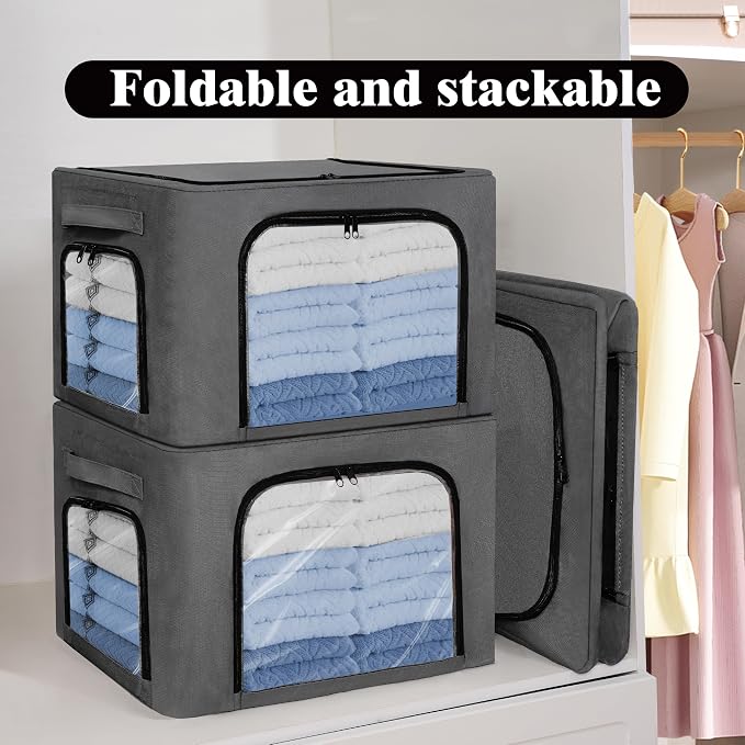GuliPostan 3 Pack 40L Stackable Clothes Storage Bins with Metal Frame Handles & Zipper, Collapsible Closet Organizer Box with Lid for Bedding Blankets Towel (Dark Grey) - Image 2