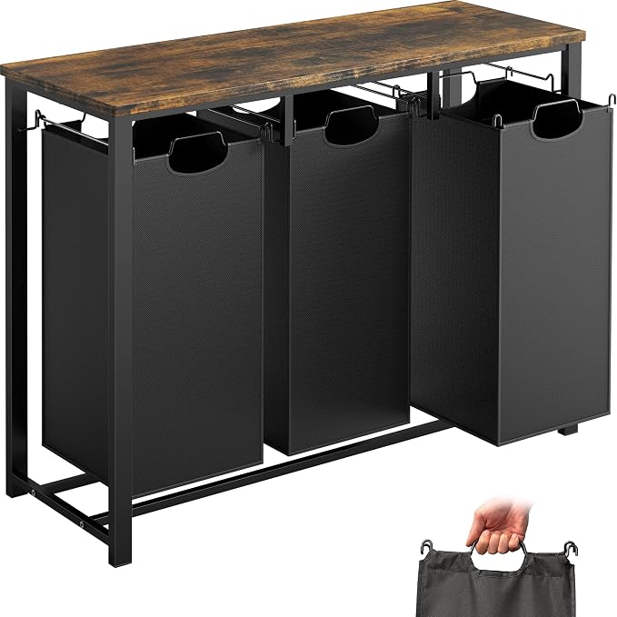 Simple Houseware 3-Section Laundry Sorter w/Tabletop Shelf, Rustic Brown | 3 Pull-Out,10-Gallon Hampers, Metal Frame Laundry Organizer for Bedroom, Bathroom, by SimpleHouseware