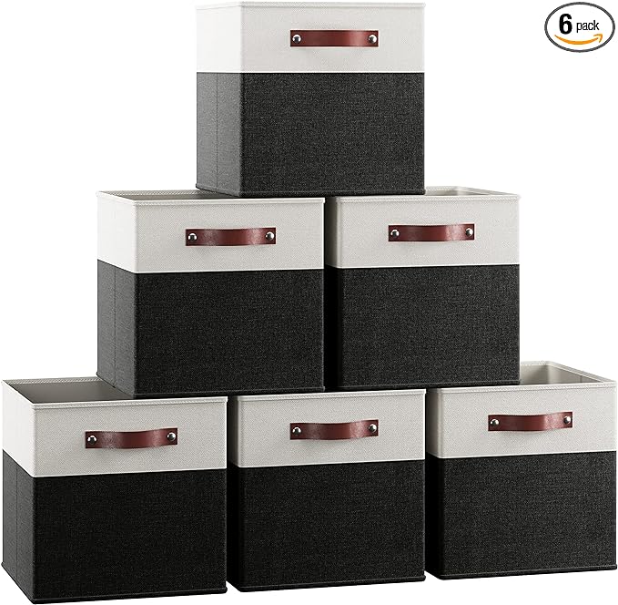 Ornavo Home 11x11 Foldable Fabric Storage Cube Bins, 6 Pack, White/Black | Collapsible Linen Shelf Basket Organizer; Leather Handles; Ideal Cube Storage For Closet by OrnavoHome
