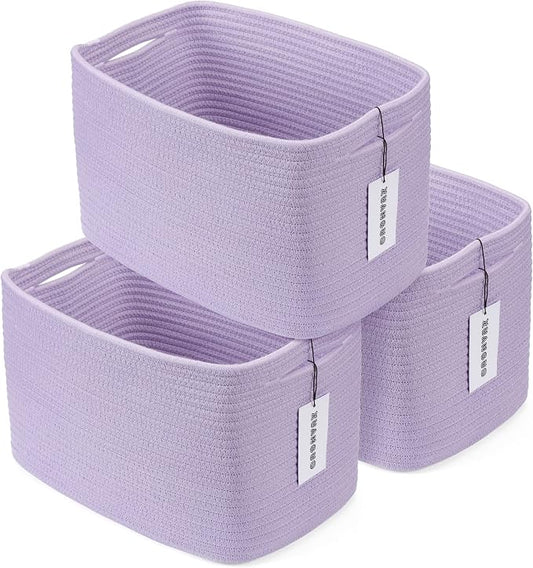 XUANGUO Woven Cotton Rope Storage Baskets 15x10x9.3" 3 Pack Purple Lavender | Decorative rectangular storage baskets for shelves and closets; storage bins organize clothes, toys, books and nursery items. by XUANGUO