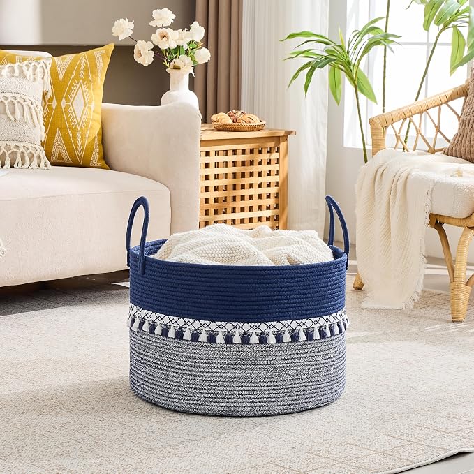 KAKAMAY Large Blanket Basket with Handles, Storage Basket for Living Room | Extra Large Capacity | Natural Cotton Rope | Blanket Storage | Woven Storage Basket | Stuffed Animal Storage | Laundry Basket - Image 4