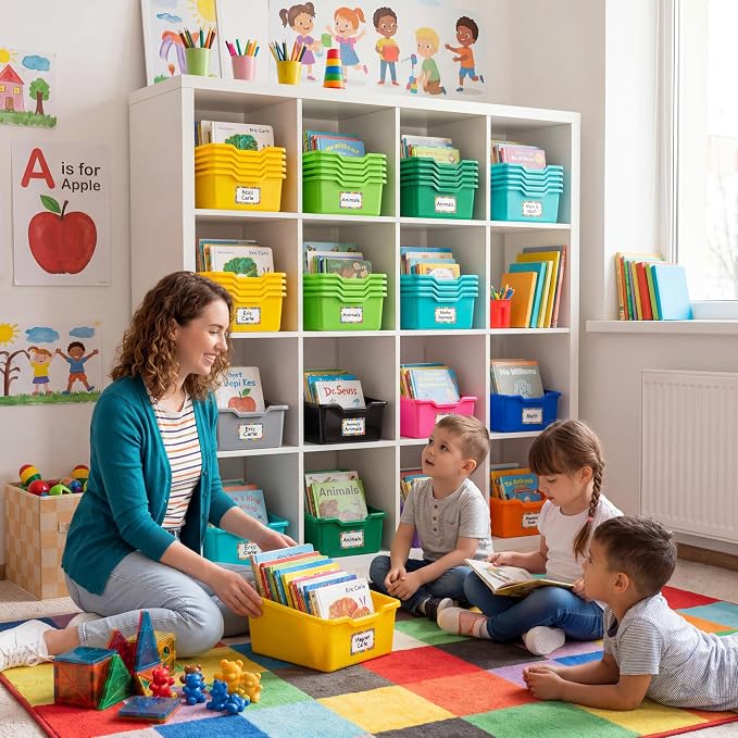 36 Pcs Book Bins for Classroom Plastic Cubby Bins Bright Color | Scoop Front Storage Bins for Classroom Library Stackable Toy Containers for School Office Home Nursery Playroom - Image 6