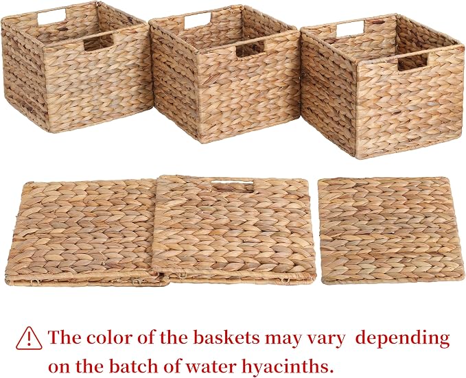 12x12x10in Water Hyacinth Storage Basket Large, Folding Cube Woven Wicker Storage Basket for Shelves, Pantry Baskets Organization and Storage, Kitchen Storage Baskets, Large Rattan Basket Set of 3 - Image 6