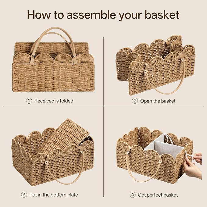 HBlife Large Baby Diaper Caddy, Paper Rope Scalloped Storage Baskets Nursery Bin with Removable Divider, Portable Car Organizer for Diapers, Baby Shower Gifts, Newborn Essentials Must Haves, Brown - Image 7