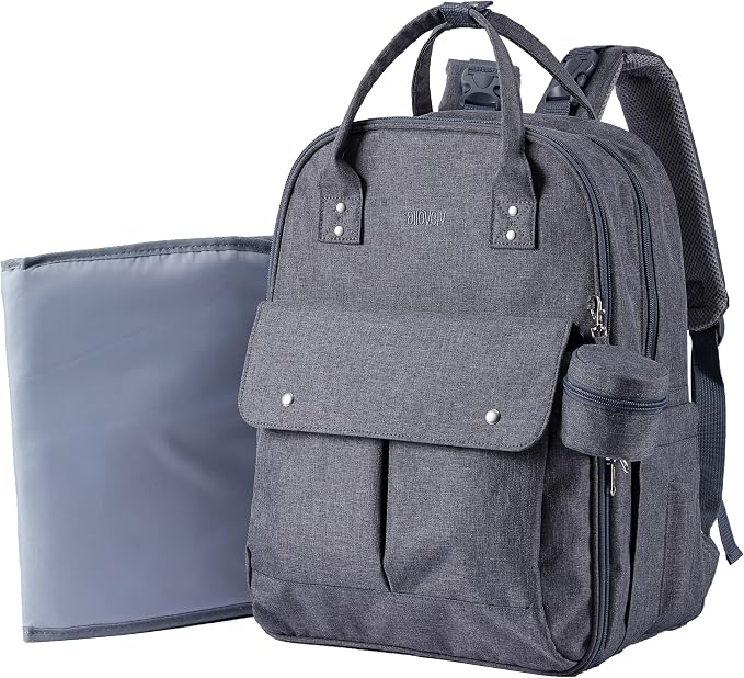 Multi-functional Diaper Bag with Insulated Pockets Gray | Allovely Diaper Bag Backpack, Large 22L Baby Bags for Boys Girls, Multi-functional Travel Diaper Backpack, Stroller Straps by Allovely