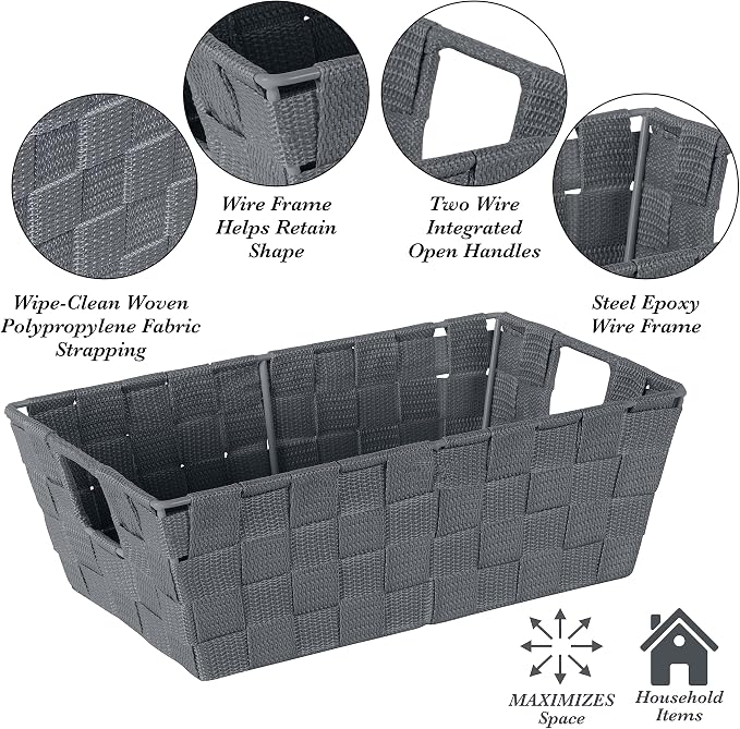 Simplify Small Shelf Woven Strap Tote | Decorative Storage Basket | Built in Handles | Organization | Closet | Bedroom | Bathroom | Nursery | Accessories | Toys | Gifts | 4 Pack | Grey - Image 3