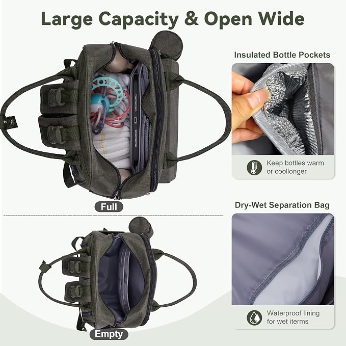 Modern Diaper Bag Backpack for Moms Dads with Hidden Pocket Green | Allovely Diaper Bag Backpack, Large 22L Baby Bags for Boys Girls, Multi-functional Travel Diaper Backpack, Stroller Straps - Image 4