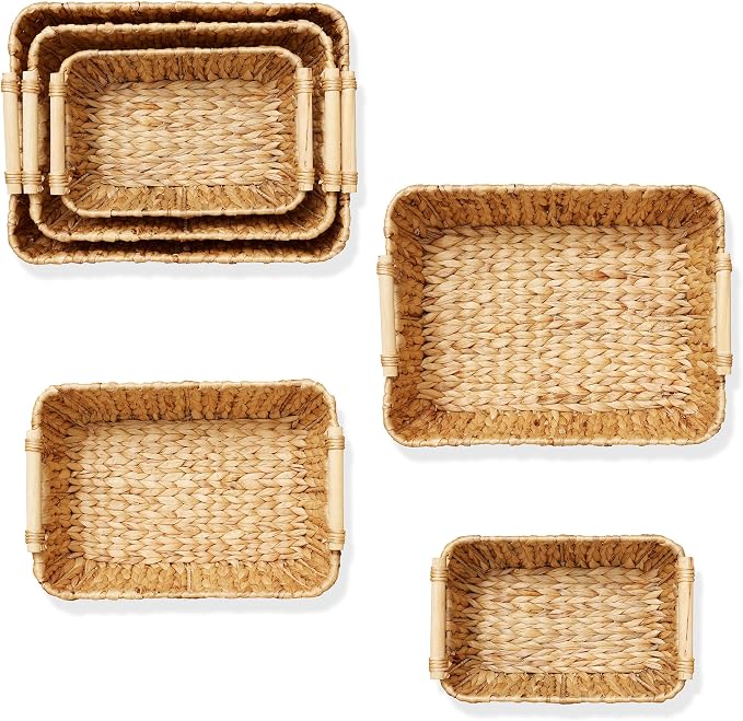 Casafield Set of 3 Water Hyacinth Oval Storage Baskets with Wooden Handles - Small, Medium, Large - Woven Nesting Basket Organizers - Image 6