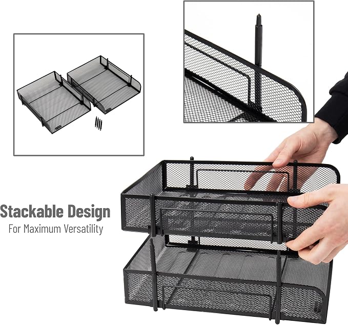 Mind Reader Paper Tray, Desk Organizer, Stackable, Storage, Office, Metal Mesh, 10.5" L x 13.25" W x 7.5" H, Black (Pack of 12) - Image 4