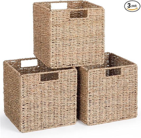 10.5 x 10.5in Cube Seagrass Storage Baskets, Foldable Square Wicker Storage Baskets for Shelves Set of 3, Large Cubby Rattan Basket, Collapsible Cube Storage Bins by DINGTAI
