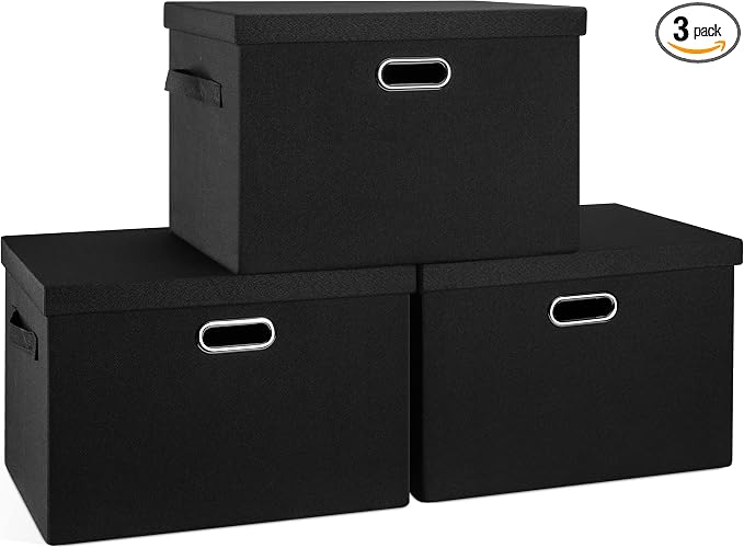 Graciadeco Large 17" 36 Quart Collapsible Stackable Storage Bins with Lids, 3 Packs Black Linen Fabric Closet Boxes with Lids, Storage Cube Baskets Container Organizers for Bedroom Office(17 x12 x11) | 36 Quart 3 Pack Black Collapsible Stackable Linen ... by GraciadecoStorage