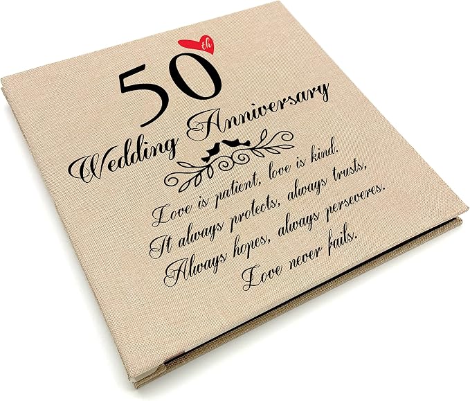 Treble Bee 50th Anniversary Photo Album, Linen Cover with Love Never Fails Quote for Parents 50 Years Marriage, Golden Anniversary Decorations for Mom & Dad by TrebleBee