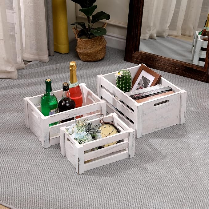Set of 3 Nesting Wooden Crates, Small Rustic Farmhouse Wood Storage Boxes with Handles, Stackable Compact Organizer Bins for Kitchen Bathroom Bedroom Decor, 3 Sizes & 3 Colors (White, Brown, Black) - Image 4