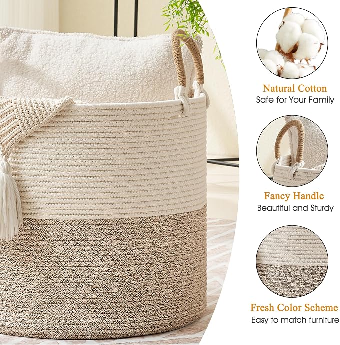 KAKAMAY Large Blanket Basket (18"x18"x16"), Woven Baby Laundry Hamper for Storage, Cotton Rope Basket for Nursery, Laundry, Living Room, Pillows, Baby Toy Chest with Handles (Black Stripes) - Image 2