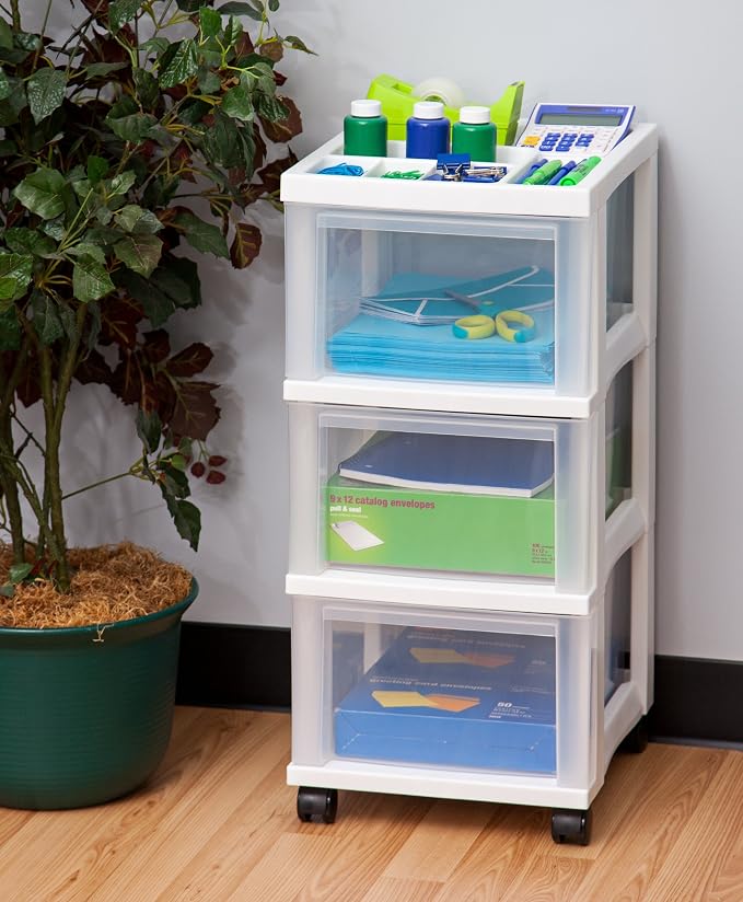 IRIS USA 3-Drawer Rolling Storage Cart, White/Clear | Keep classroom supplies, teacher essentials, craft materials, and learning tools organized with easy-access drawers. - Image 2