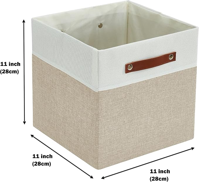 DECOMOMO Fabric Cube Storage Bins, Storage Baskets for Shelves 4 Pack | 11 inch Cube Storage Organizer for Kallax and Cubbies (Beige & White) - Image 8