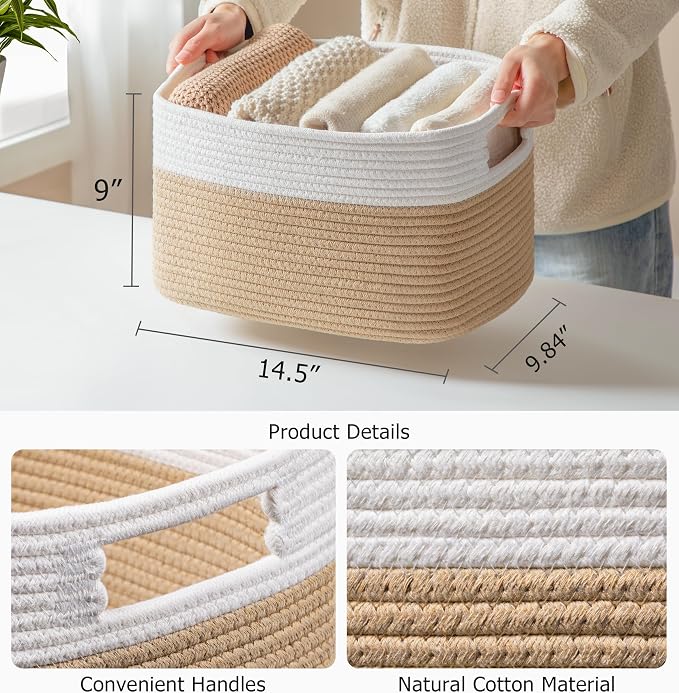 4 Pack Storage Baskets for Organizing, Shelf Baskets with Handles, White&Brown - Image 2