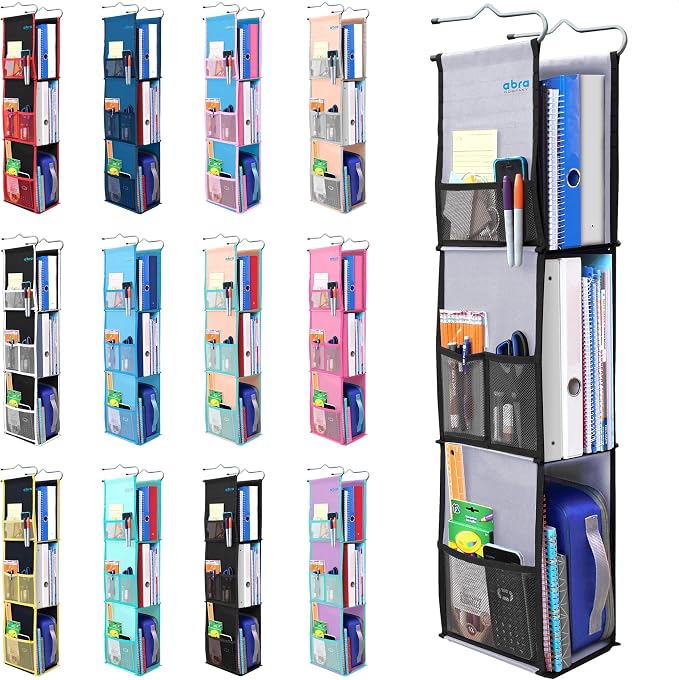 ABRA® 3 Shelf Hanging Locker Organizer for School, Gym, Work, Storage | Deep Shelves 6.5”x 9”| Eco-Friendly Fabric Healthy for Children | Adjustable School Locker Shelf from 3 to 2 Shelves(Grey/Black) by ABRA