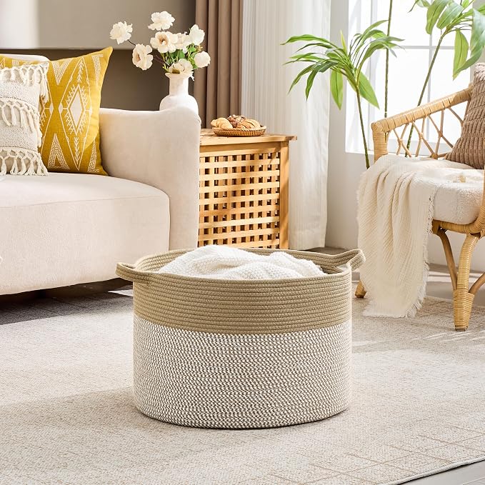 KAKAMAY Large Blanket Basket with Handles, Storage Basket for Living Room | Extra Large Capacity | Natural Cotton Rope | Blanket Storage | Woven Storage Basket | Stuffed Animal Storage | Laundry Basket - Image 4