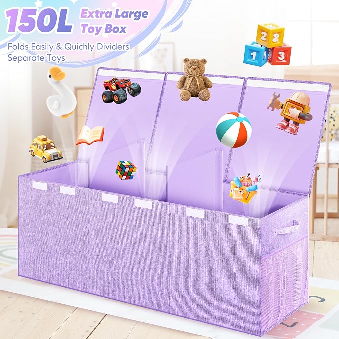 Extra Large Toy Box, Collapsible Toy Storage Organizer, 40"x16"x16", Purple | Sturdy Kids Toys Bin Chest with 2 Pockets and Dividers for Boys Girls, Dust-Proof, Nursery Bedroom Organization - Image 2