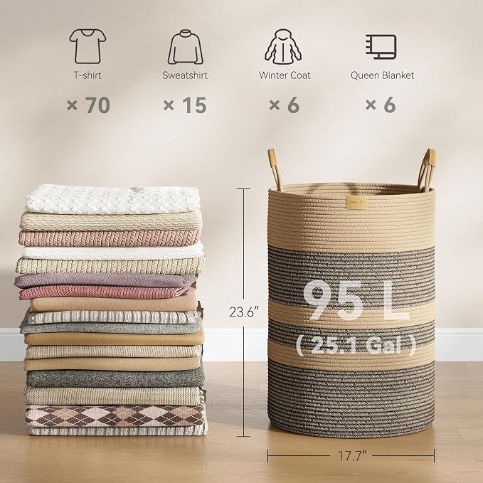 Nunsino 95L Striped Laundry Hamper with Leather Handles,Large Foldable Laundry Basket for Clothes,Cotton Rope Storage Bin for Blankets,Woven Clothes Basket for Bedroom,Dark Brown Stripes - Image 4