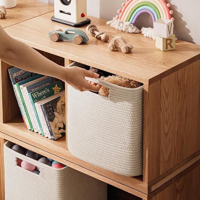 UBBCARE Set of 3 Cotton Rope Basket 13 X 13 X 13 Inches, Woven Storage Baskets for Shelves, Organizing with Handles, Cube Storage Bins for Storage Books, Magazines, Beige - Image 5