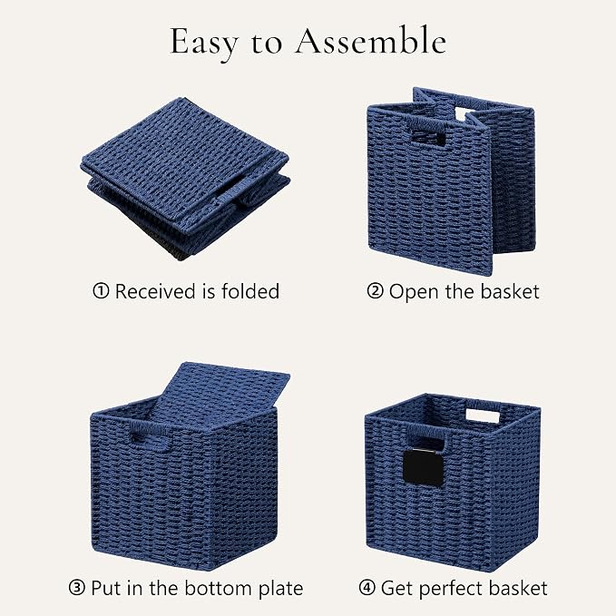 UBBCARE 4 Pack Small Wicker Basket, 9×9 Storage Cubes with Label, Foldable Cube Storage Bin with Handle, Square Storage Basket for Shelves, Woven Paper Rope Basket for Organizing, Navy Blue - Image 7