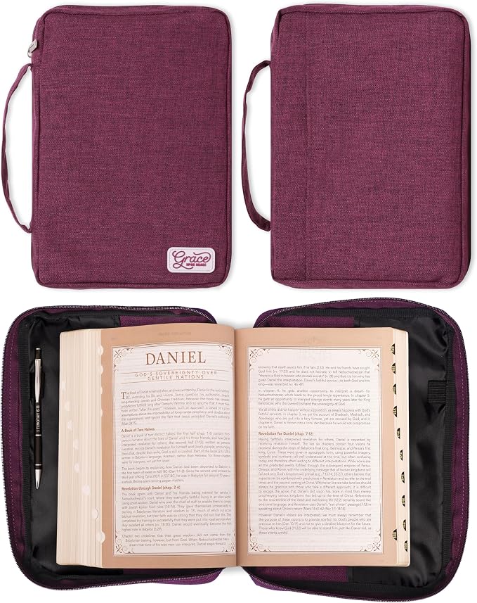 Christian Art Gifts Value Poly-Canvas Bible Cover Case for Women: Grace Upon Grace - John 1:16 Inspirational Scripture w/White Rubber Badge, Pocket, Pen Loops to Organize Accessories, Plum, Medium - Image 6