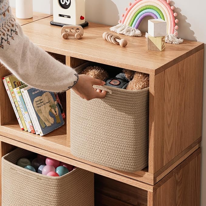 joybest 13inch Cube Storage Bins, Cotton Rope Woven Organizer Basket | Set of 4 Cube Bin Square Shelves Organizer Closet Storage, Nursery, Toy Organization, Brown - Image 3