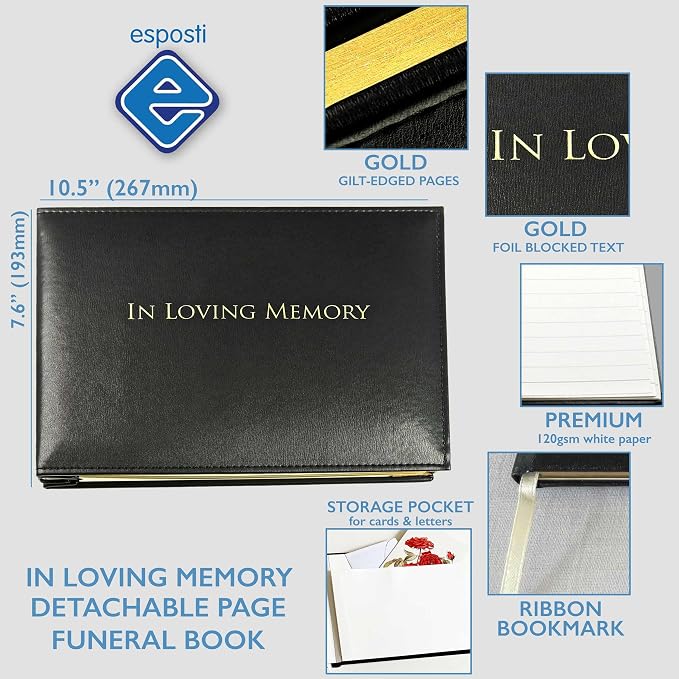 Funeral Guest Book in Loving Memory - 50 Loose Leaf Pages with Gold Gilt Edges & Storage Box - Hardcover Memorial Guest Book & Keepsake Pocket for Condolence Cards - for Funeral Services - Image 3