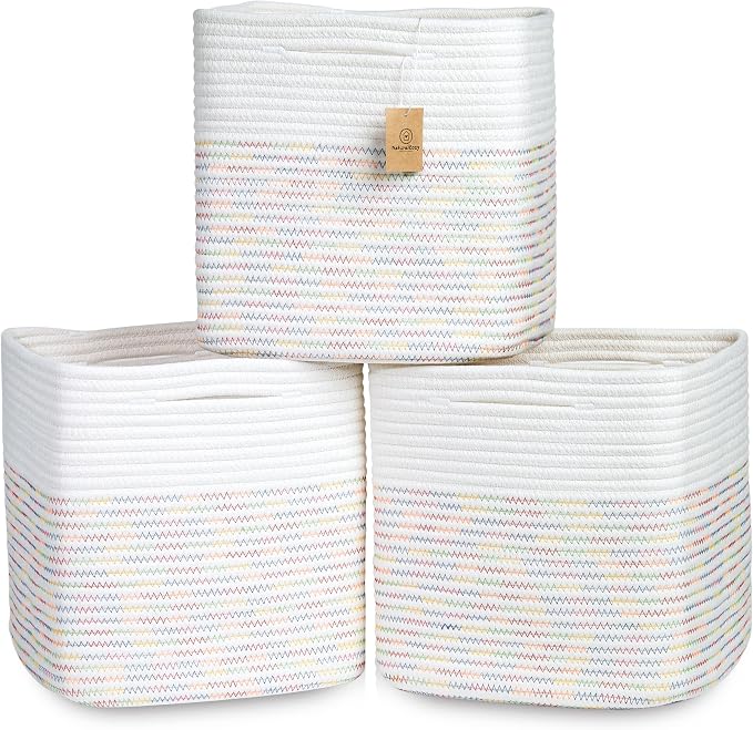NaturalCozy 13 Inch Cube Storage Bins Cotton Rope Woven Baskets for Organizing 3-Pack | 13 x 13 Storage Cubes | Fabric Square Storage Baskets for Shelves Organizer, Kids Toy Bins, Closet Baby Nursery by NaturalCozy