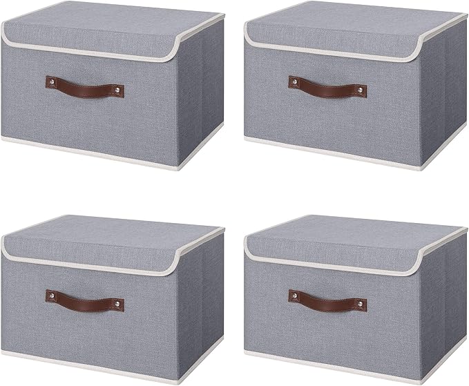 ANMINY Fabric Storage Box Bins with Lids, Gray, 13"x9"x7.9", 4 Pack | Keepsake Memory Storage, Cotton Linen, PP Board Reinforced, Washable, PU Handles, Foldable & Stackable, Decorative, Medium by ANMINY