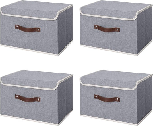 ANMINY Fabric Storage Box Bins with Lids, Gray, 13"x9"x7.9", 4 Pack | Keepsake Memory Storage, Cotton Linen, PP Board Reinforced, Washable, PU Handles, Foldable & Stackable, Decorative, Medium by ANMINY