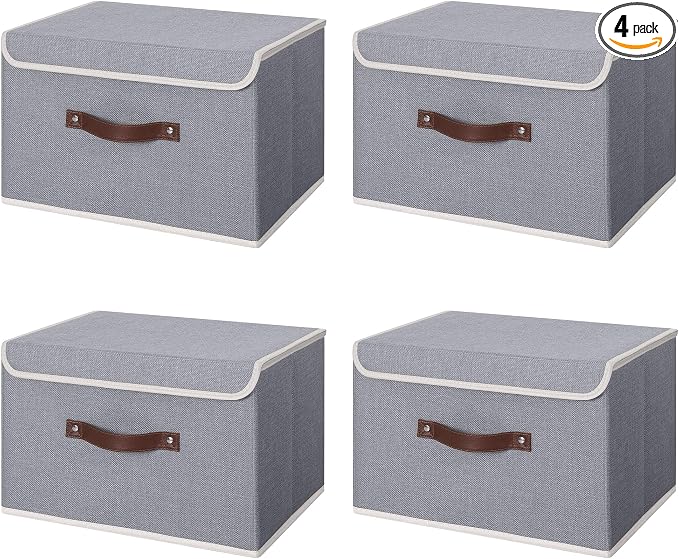 ANMINY Fabric Storage Box Bins with Lids, Gray, 15"x10"x10", 4 Pack | Keepsake Memory Storage, Cotton Linen, PP Board Reinforced, Washable, PU Handles, Foldable & Stackable, Decorative, Large by ANMINY