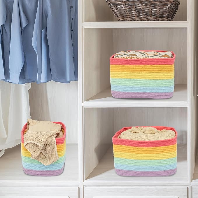 XUANGUO Woven Cotton Rope Storage Baskets 15x10x9.3" 3 Pack Rainbow | Colorful storage baskets for shelves and playrooms; toy storage bins organize kids' toys, books, clothes and nursery items. - Image 4