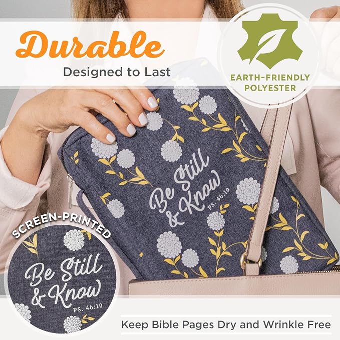 Christian Art Gifts Men/Women's Bible Cover Be Still & Know Psalm 46:10, Navy Canvas, Medium - Image 3