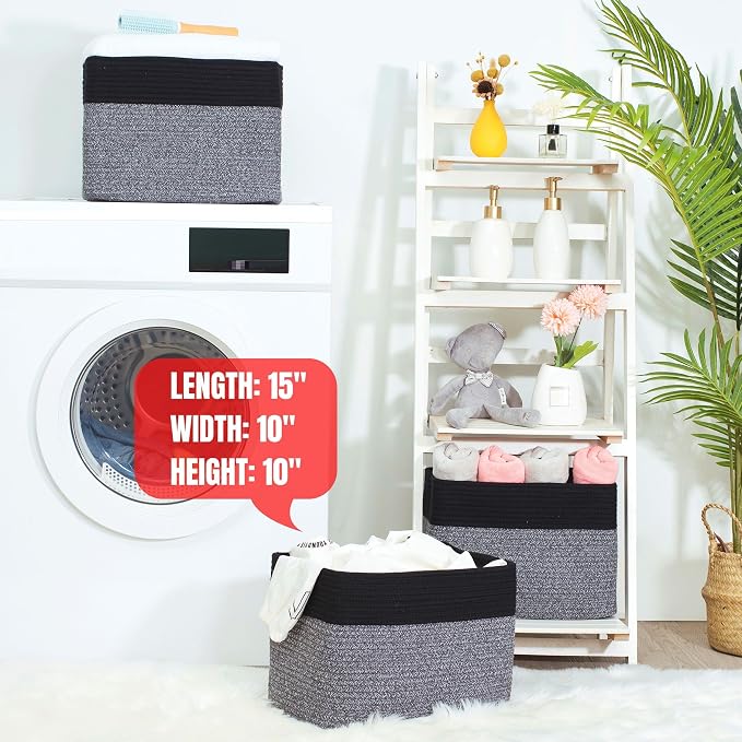 3-Pack Storage Baskets for Shelves, Playroom and Classroom Storage Basket, Book Basket, Decorative Storage Cube Bins, Woven Closet Organizers, Pantry and Shoe Organizer, Black Grey Mix - Image 7