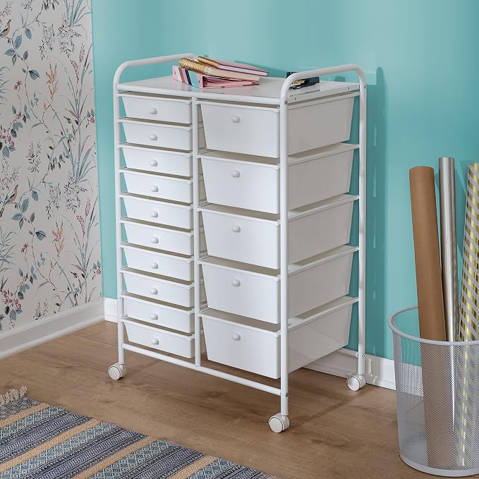 Honey-Can-Do 15-Drawer Metal Rolling Storage Cart, White Steel Multi-Purpose Organizer with Wheels, Heavy Duty Mobile Utility Trolley for Home Office, School, and Craft Supplies - Image 2