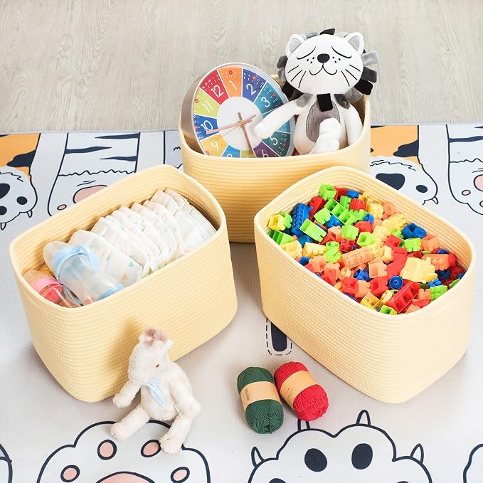 3-Pack Decorative Woven Storage Baskets for Shelves, Cube Bin Box for Organizing Books, Shoes, Dog Toys, Pantry Closet and Living Room Organizer, Yellow - Image 5