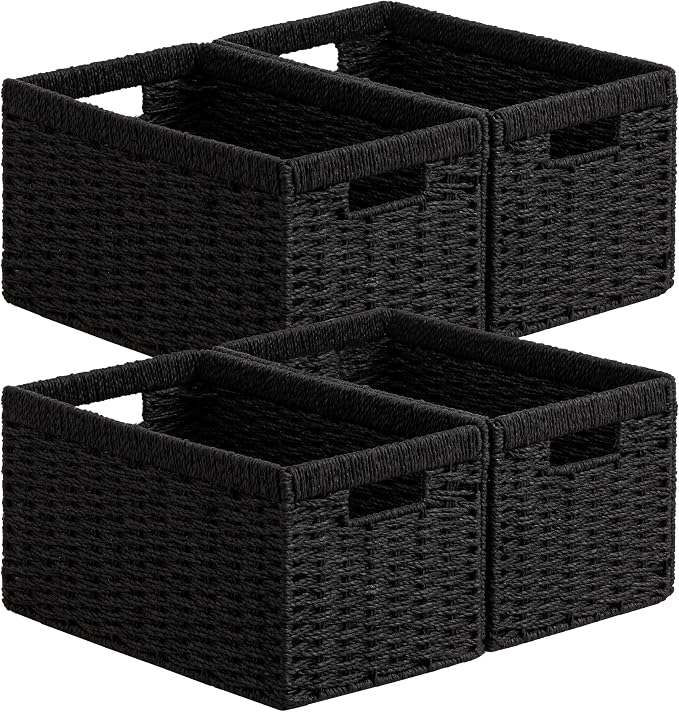 UBBCARE 4 Pack Wicker Basket, 13.4L×8.3H×7.1W inch Woven Paper Rope Storage Baskets for Shelves, Foldable Rectangular Storage Baskets with Handle, Storage Basket for Organizing, Black by UBBCARE