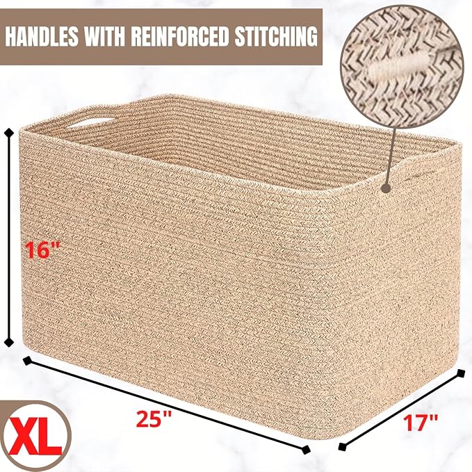 112L Extra Large Blanket Basket Holder Living Room, 25"x17"x16" Rectangle Rope Woven Storage Basket with Handles for Laundry, Towels, Shoes, Dog Toy Organizer Bin Box, Oatmeal Brown - Image 7
