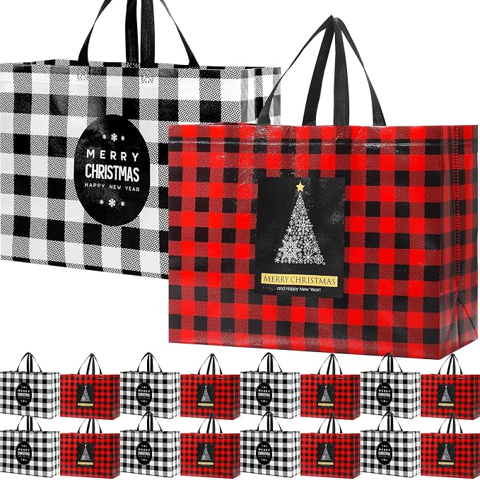 Colarr 36 Pcs Extra Large Christmas Tote Bags with Handle Xmas Gift Bag Red Black Buffalo Plaid Waterproof Reusable Bag by Colarr