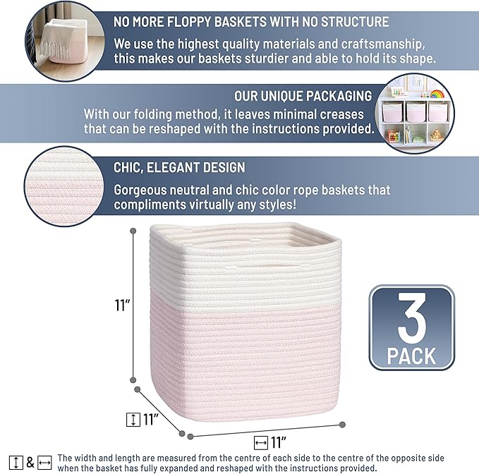 NaturalCozy Storage Cubes 11 Inch Cotton Rope Woven Baskets for Organizing, 3-Pack | Cube Storage Bin | Square Storage Baskets for Shelves Organizer, Classroom, Kids Toy Bins, Closet, Baby Nursery - Image 2