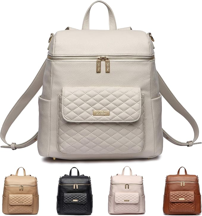 Monaco Large Diaper Bag Backpack by Luli Bebe - Designer Modern Vegan Leather Stylish Baby Backpack Diaper Bag for Mom, Multipurpose, Roomy, with Changing Pad (Pearl White) by LuliBeb%C3%A9