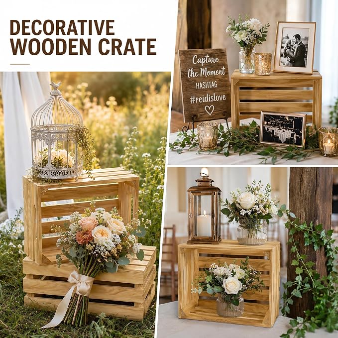 Wooden Crates for Display 6 Pack Nesting Crates for Weddings and Decor | Six Nesting Pine Crates with Cutout Handles for Wedding Displays, Farmhouse Decor, Storage, Farmers Markets, and DIY - Image 6